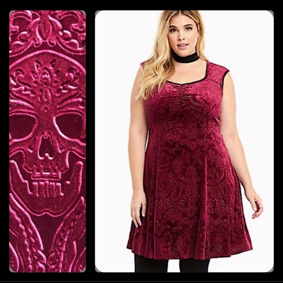 torrid Dresses & Skirts - Torrid Embossed Velvet Victorian Skull Print Burgundy Skater Dress, 3 3X 22 24